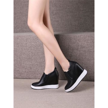 孟祈春夏季真皮透氣鏤空12cm內增高女鞋厚底小白鞋百搭休閑旅游鞋