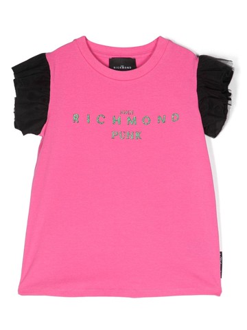 John Richmond Junior - logo-print ruffle-sleeve T-shirt - kids - Cotton - 12 yrs - Pink