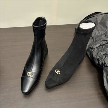 羅小西 小香風少女 中跟彈力靴女粗跟瘦瘦靴百搭黑色2023新款短靴