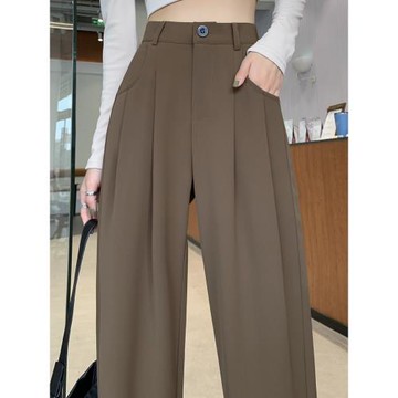 咖啡色高級感西裝褲子女春秋季2023新款高腰窄版直筒闊腿褲垂墜感