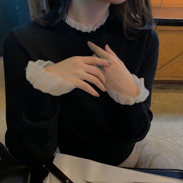 洋氣減齡蕾絲花邊套頭打底針織衫秋冬新款時尚百搭修身顯瘦毛衣女