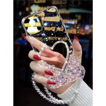 奢華閃粉愛心鏡子適用蘋果16promax手機殼iPhone15硅膠軟套13透明防摔14帶掛繩補妝鏡pm閃鉆女新款pro創意max