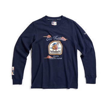 江戶勝 日系 男裝 七福神 招財琵琶植絨印花長袖T恤(丈青色)#上衣