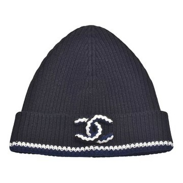 CHANEL 經典三色編織立體雙C LOGO喀什米爾羊絨毛帽(黑白藍)