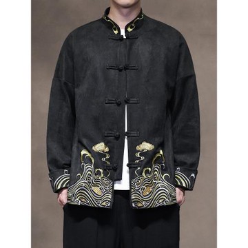中國風秋冬刺繡休閑休閑唐裝外套男士寬松大碼圓領中山裝夾克茶服