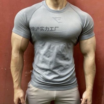 美式顯肌肉運動圓領短袖健身上衣服訓練緊身夏速干彈力修身男T恤