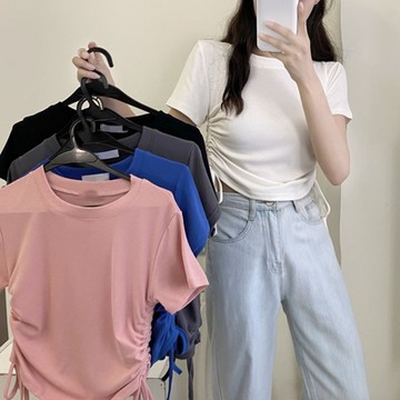 La Belleza圓領素面側抽皺抽繩彈性合身棉質T恤