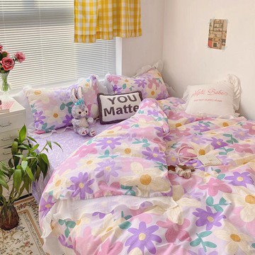 韓式ins風紫色仙女四件套全棉純棉少女心床笠床單被套床品三件套3