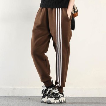 加絨加厚條紋運動衛褲女哈倫褲寬松顯瘦束腳休閑褲秋冬新款皇森