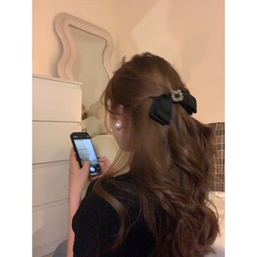 赫本黑方鉆蝴蝶結緞面發夾女后腦勺頭飾發卡新款小夾子高級感發飾