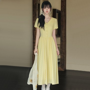 ＊ORead＊法式復古波點洋裝(淺黃色S~XL)