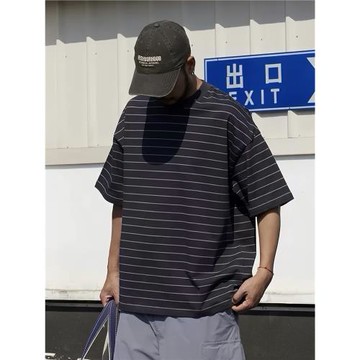 PURE STORE 310g重磅日系簡約條紋圓領短袖T恤男寬松休閑百搭上衣