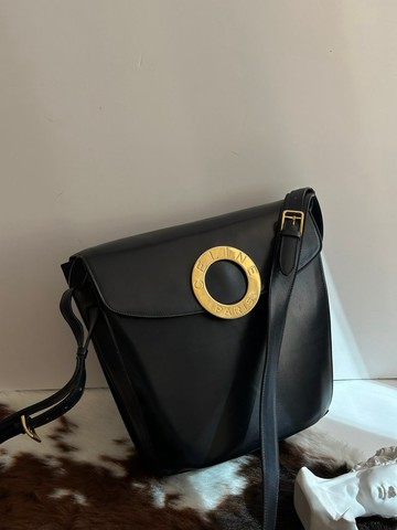 中古包 CELINE 賽琳黑色大金圓環薯條斜揹包