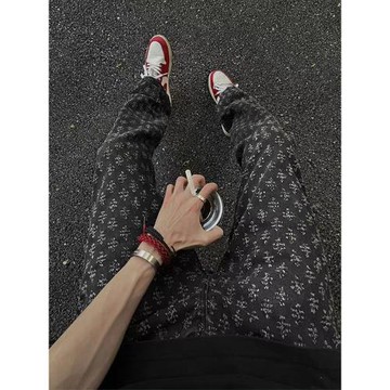 歐美高街vibe輕奢褲子男款秋冬滿印美式牛仔褲修身顯瘦直筒微喇褲