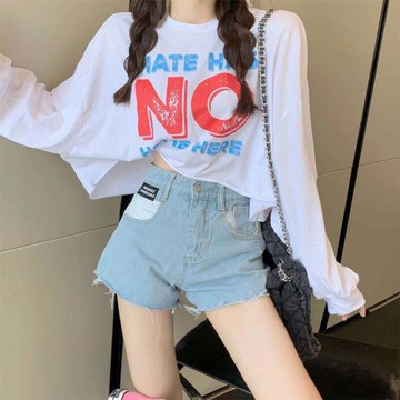 慵懶風性感高腰露臍短款上衣女夏季寬松顯瘦薄款長袖T恤防曬罩衫