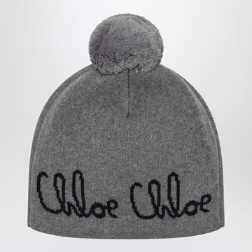 Grey pom-pom beanie with logo