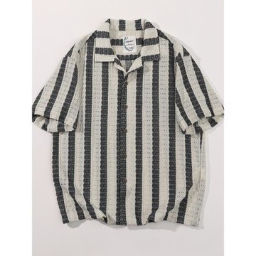 夏季鏤空條紋美式復古男士短袖襯衫情侶款老錢風古巴領襯衣小開衫