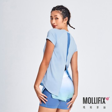 Mollifix 瑪莉菲絲 美背後透網開岔短袖上衣、瑜珈服(粉藍)