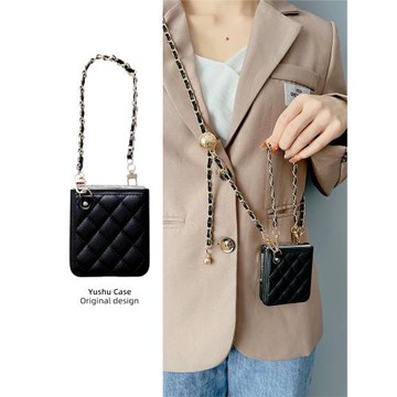 高級感黑色小香風菱格紋手提適用于三星zflip6手機殼zflip5折疊屏w23flip保護套zflip4斜挎可背小眾防摔女款