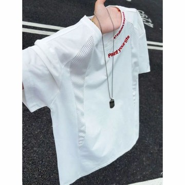 老錢風上衣 衣服男 韓系上衣 美式刺繡網眼拼接透氣男士短袖t恤夏季新款健身運動時尚帥氣上衣素t 短袖t恤男 男生 t恤