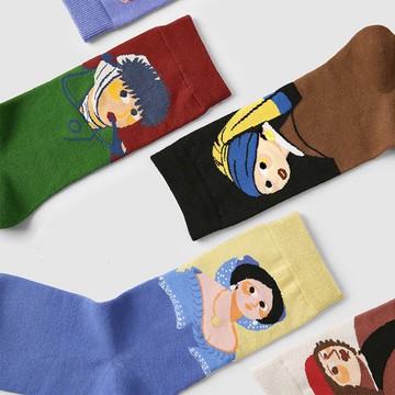 油畫風女襪 複古藝術名畫人物印花中筒襪5雙禮盒襪子