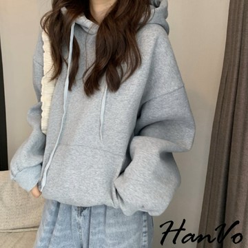 【HanVo】保暖系列 暖呼呼~超舒服的內刷毛素色帽T 舒適休閒長袖 韓系百搭顯瘦寬鬆上衣 女生衣著 A02-1668
