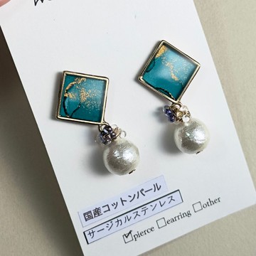 【現貨一件】藍綠色 酒精墨水藝術 方形耳環 醫療級不鏽鋼 國產棉珍珠 優雅 休閒 約會 外出 金色