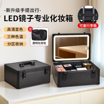 化妝箱帶鏡子帶燈便攜手提化妝品收納盒專業跟妝師專用可掛行李箱