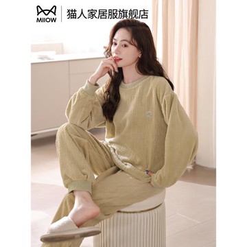 (免運)貓人睡衣女款秋冬季珊瑚絨加厚加絨法蘭絨冬天抗紋理家居服秋冬款