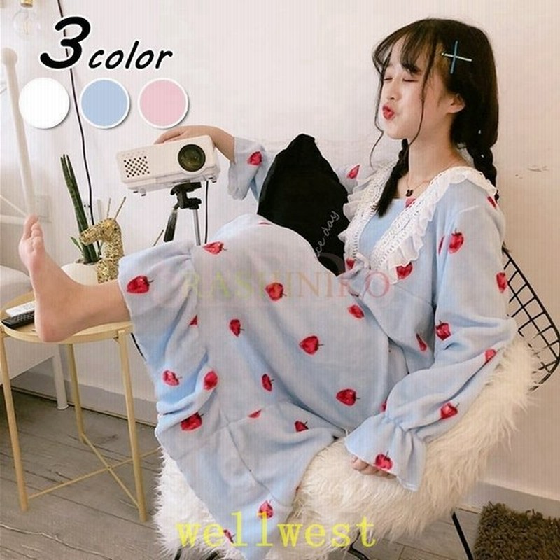 ネグリジェレディース秋冬長袖ワンピースレースイチゴ柄もこもこパジャマゆったりネグリジェ厚手フランネル部屋着暖かいルームウェアオシャレ 通販 Lineポイント最大get Lineショッピング