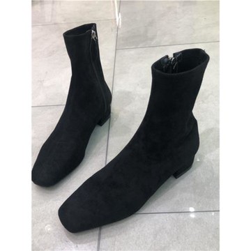 韓國東大門女鞋23秋冬新款歐美緊腿側拉鏈方頭粗跟絨面休閑短靴子