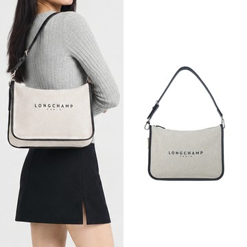 LONGCHAMP ESSENTIAL系列帆布LOGO字母肩背包(大/亞麻)