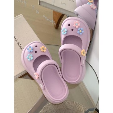 細細條 日系小清新花朵瑪麗珍單鞋女夏季踩屎感eva軟底洞洞鞋沙灘
