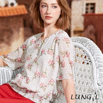 LUNG.L林佳樺 白色提花雪紡印花質感五分袖女裝上衣LS60A