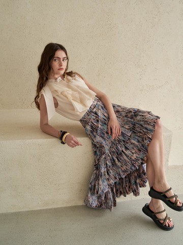 ruffle tiered asymmetric long skirt_Purple