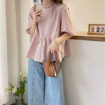 棉質 小眾泡泡袖褶皺短袖襯衫女裝 夏季新款圓領套頭時尚百搭小衫潮 AJ463