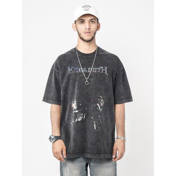 搖滾樂隊短袖T恤  MEGADETH 嘻哈復古 水洗做舊 機械頭顱