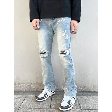 歐美高街潑墨破洞補丁直筒修身牛仔褲潮牌美式流行水洗復古長褲男
