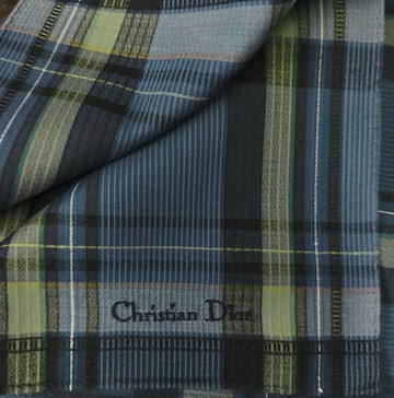 復古 Christian Dior 藍色格紋織紋手帕 Tartan 19 x 19 英吋