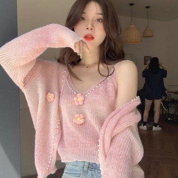 溫柔風軟糯長袖毛衣外套女春秋短款針織開衫內搭吊帶兩件套裝上衣