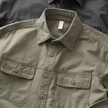 日系潮牌重磅工裝襯衫男加厚斜紋寬松美式復古春秋軍綠色襯衣外套鑫弘-衣錦男裝