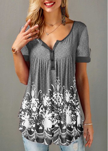 Printed Short Sleeve Button Detail T Shirt