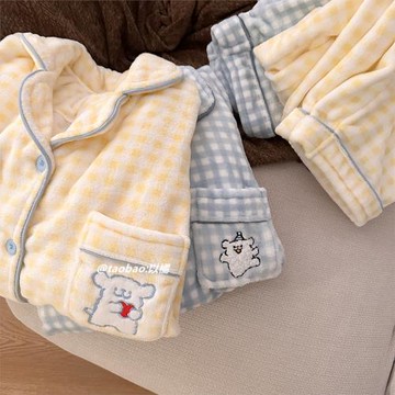 可愛ins小狗情侶睡衣珊瑚絨加厚保暖卡通寬松男女款網紅風家居服