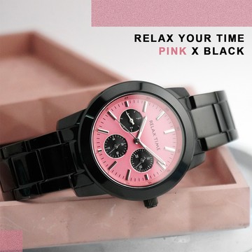 Relax Time 時尚三眼日曆顯示手錶 女錶-蜜桃粉/38mm R0800-16-22