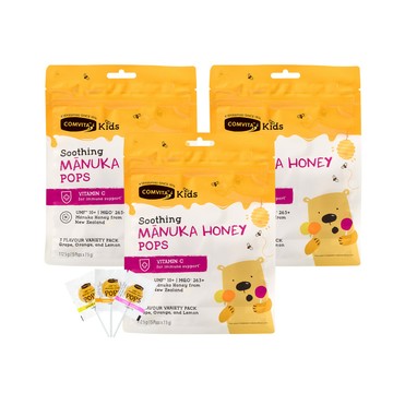 Comvita UMF 10+兒童麥蘆卡蜂蜜棒棒糖 (15支/包)x3包組(共45支) (葡萄/柳橙/檸檬各15支/包)