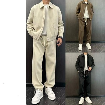 秋冬上新 男士高端輕奢潮流時尚純色套裝高街設計師痞帥休閒兩件套