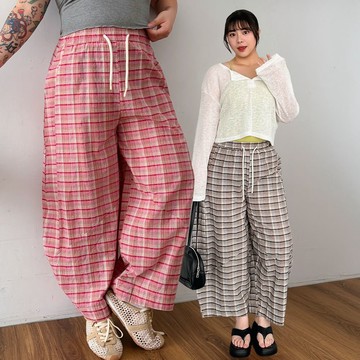 LULUS/PLUS/中大尺碼/俏皮撞色格紋棉麻氣球褲２色【A04260178】260812
