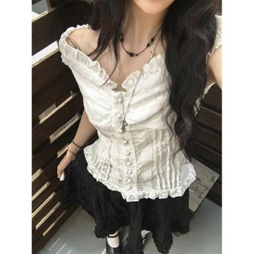 韓版新款奶油泡泡袖紐扣短袖襯衫女純欲風法式顯瘦百搭白色上衣