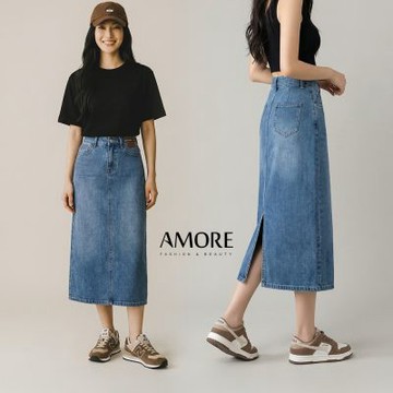 【Amore】高腰顯瘦牛仔中長裙 復古水洗藍 後開叉設計 A字版型遮肉