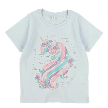 日本西松屋 - 獨角獸印花短袖上衣-水藍